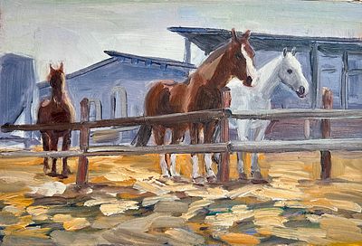 ערן וולקובסקי . סוסים, שמן על נייר מוצמד לבד, 20x30 ס״מ, חתום ומתוארך 2009.
