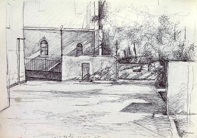 רענן לוי . ״חצר בית ספר״, עט על נייר, 21x28 ס״מ, חתום ומתוארך 8/2/1989. 
רענן לוי (2022–1954) 