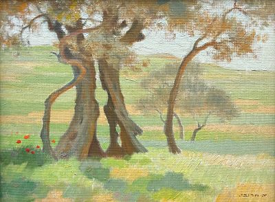 שמואל חרובי. עץ ותיק בנוף, שמן על בד, 41x30 ס״מ. שנות ה-40. 