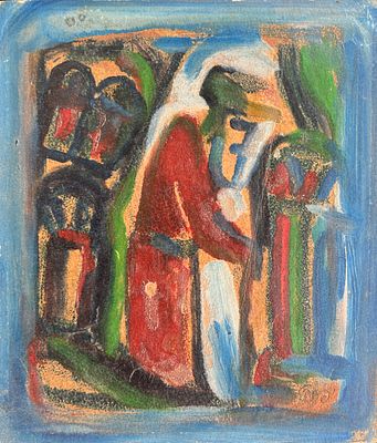 יצחק פרנקל (פרנל). חסיד, שמן על נייר מוצמד לבד, 15.5x18 ס״מ, חתום. 
י 