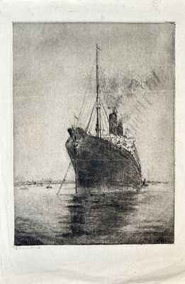 הרמן שטרוק. אוניית קיטור, תחריט על נייר, 36x26 ס״מ, חתום בעיפרון. 
הרמן שטרוק, יליד גרמניה, פעל 