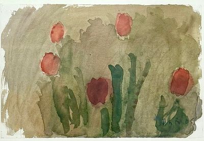 יאן ראוכוורגר. פרחים, צבעי מים על נייר, 33X50 ס"מ, חתום מתוארך2005, עבודה איכותית של אמן עכשווי 