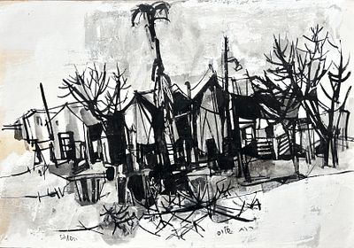 רות שלוס . מעברה, שמן ודיו על נייר, 35x50 ס״מ, חתום ומתואר. 
רות שלוס, ישראלית, נולדה בגרמניה 