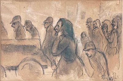 יעקב שטיינהרדט. לוויה יהודית, עפרונות צבעוניים על נייר, 13x20 ס"מ, חתום ומתוארך 1921, דמויות 