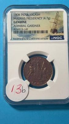 1808 India 10 Cash Madras Presidency Genuine. Admiral Gardner