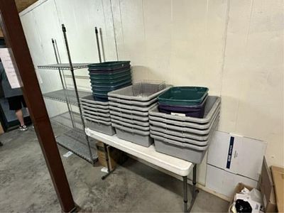 Shelving, Folding Table, Bus Tubs, Nightstand. Located In Lubbock, Tx