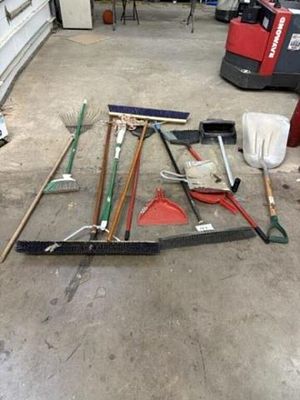 Assorted Brooms, Rake, Dust Pans, Etc. Located In Lubbock, Tx