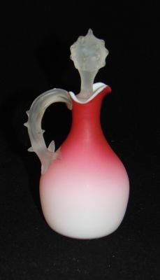 Harrach Peachblow glass cruet. White to pink Peachblow cruet with a frosted stopper and thorny