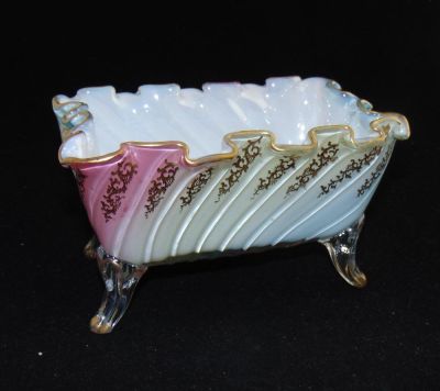 Rainbow MOP glass basket. Rare rectangular form with four reed feet in alternating pink, yellow