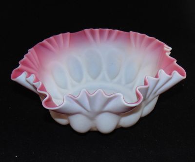 Pink satin glass brides bowl. Peachblow satin glass brides basket with a fan ruffled rim, 10"