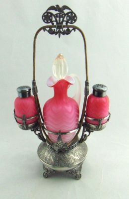 Pink satin glass condiment set. Pink MOP cruet and matching salts in the herringbone pattern