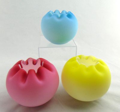 Three Satin glass rose bowl. Three satin glass rose bowls, ovoid form with crimped tops, one in