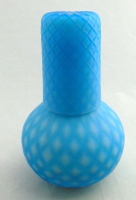 Rare Blue satin glass tumble up. Blue Cut Velvet bottle and matching tumbler, 7 1/2" ht.