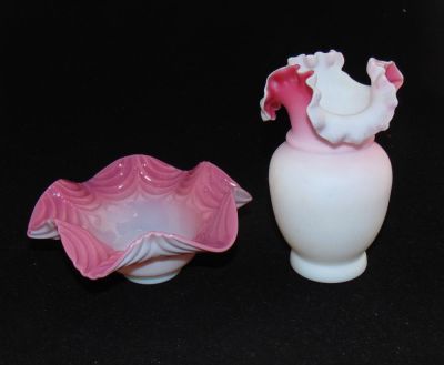 Two Peachblow glass items. Including a drape pattern ruffled rim bowl and a bulbous vase with