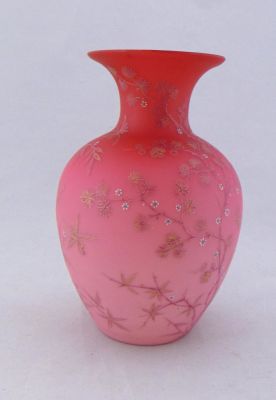 Harrach Pink satin glass vase. Shouldered form in pink satin decorated with a Gingko branch with