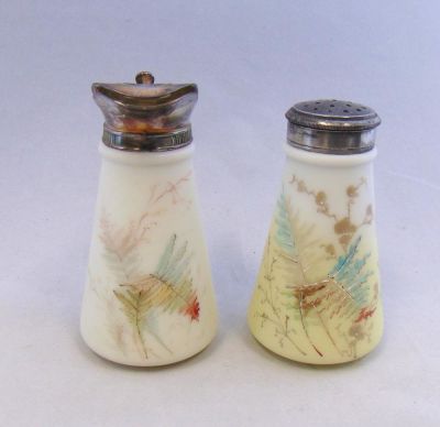 Wave Crest glass syrup and shaker. C F Monroe Syrup pitcher and shaker each decorated with a