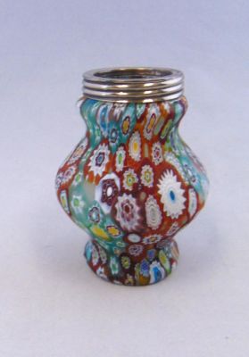 Millefiori glass Muffineer. Corset form Muffineer in a colorful Millefiori décor, 4" ht.