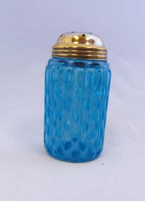 Blue opalescent sugar shaker. Ribbed Opal Lattice blue sugar shaker attributed to Northwood, 4