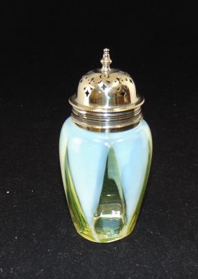 Vaseline glass sugar shaker with a pulled white feather, 5 1/2" ht. Condition: good with no