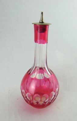 Cranberry cut to clear Barber bottle. Bulbous stick form in cranberry cut to clear, 7 1/2" ht.