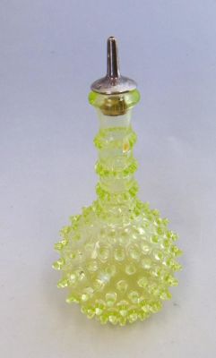 Vaseline Hobnail glass Barber bottle. Bulbous stick form in Vaseline Blue decorated with