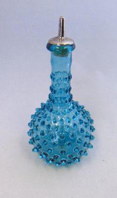 Blue Hobnail glass Barber bottle. Bulbous stick form in Prussian Blue decorated with hobnails
