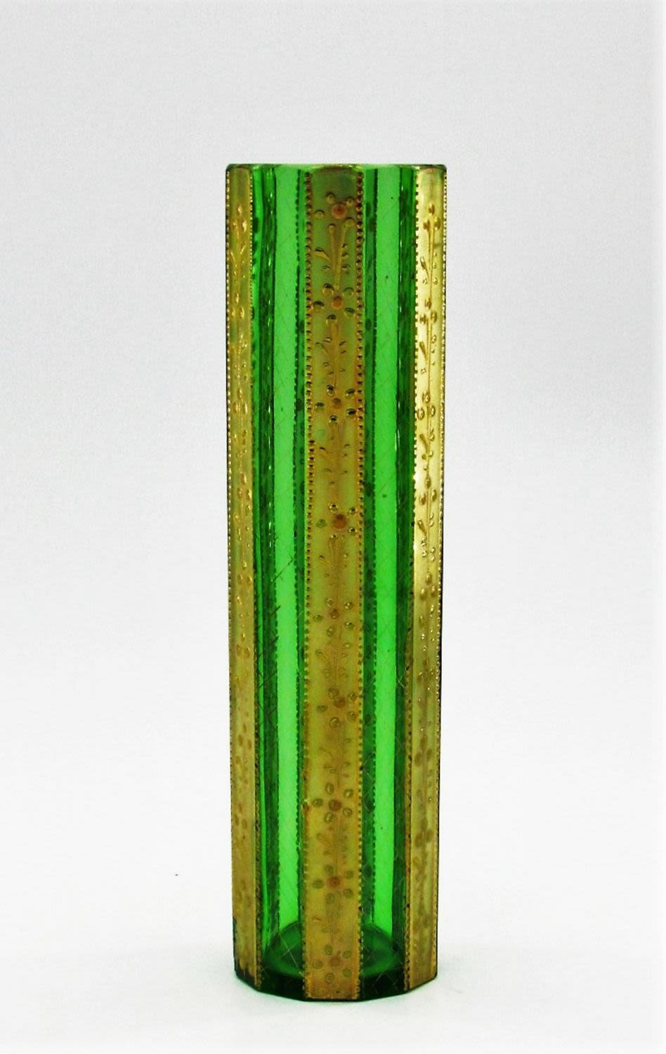 Lot 153: Moser faceted green vase with gilt panels
