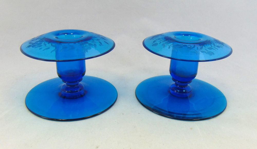 Lot 340: Sinclair blue glass candlesticks