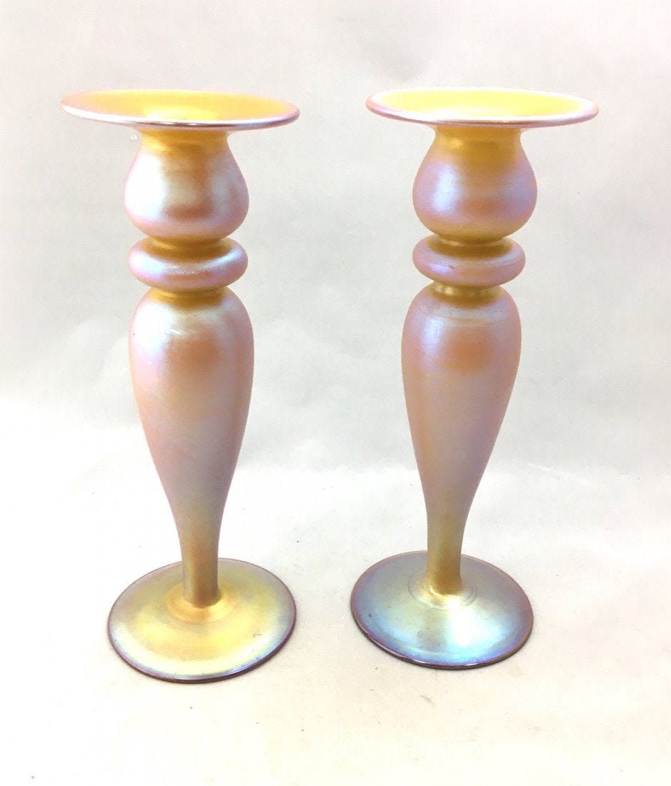 Lot 396: Pair of Durand art glass candlesticks