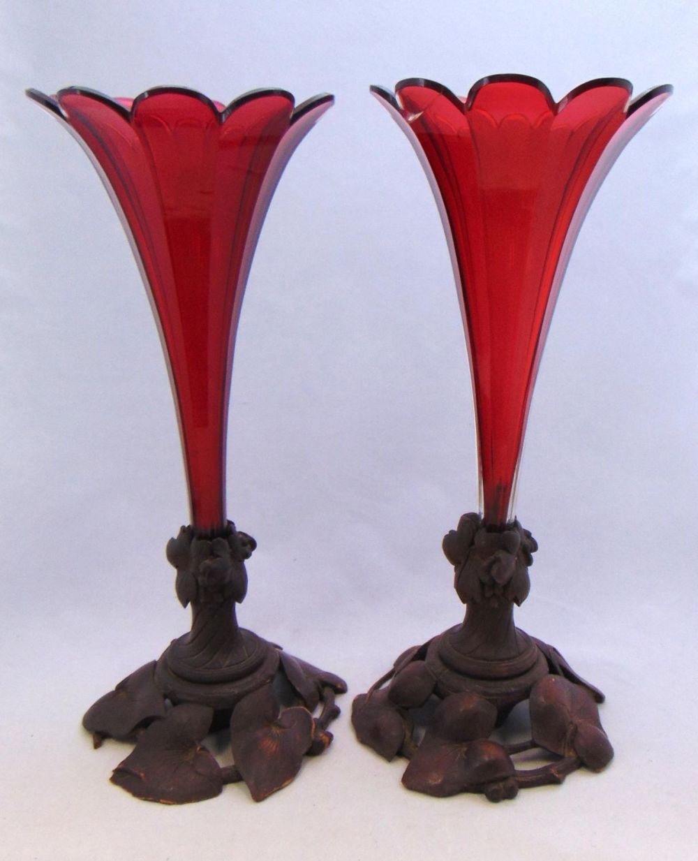 Lot 400: Two Empire ruby glass and wood vases