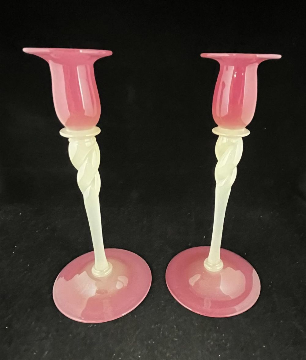 Lot 155: Steuben Rosaline candlesticks