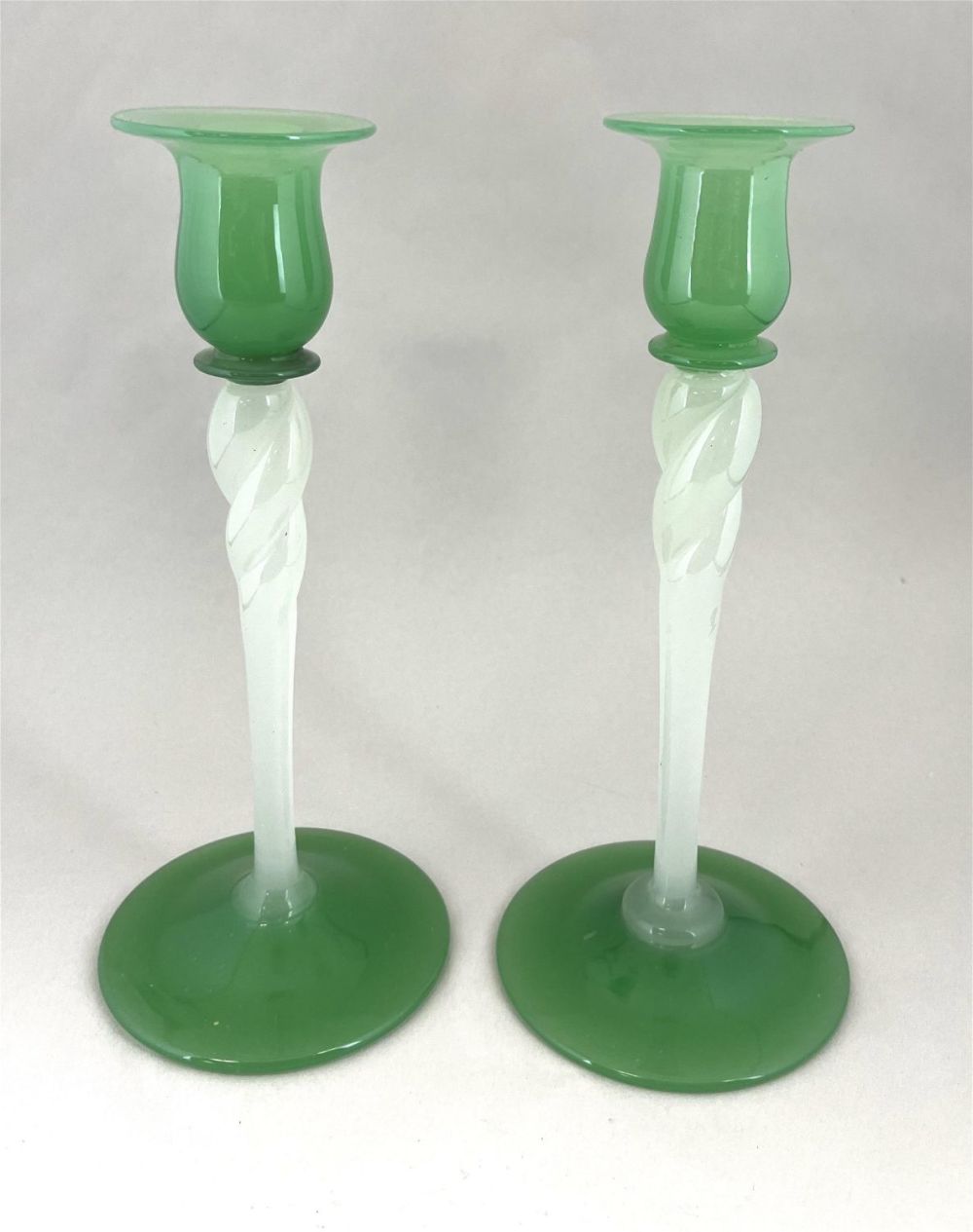Lot 159: Pair of Steuben Green Jade candlesticks