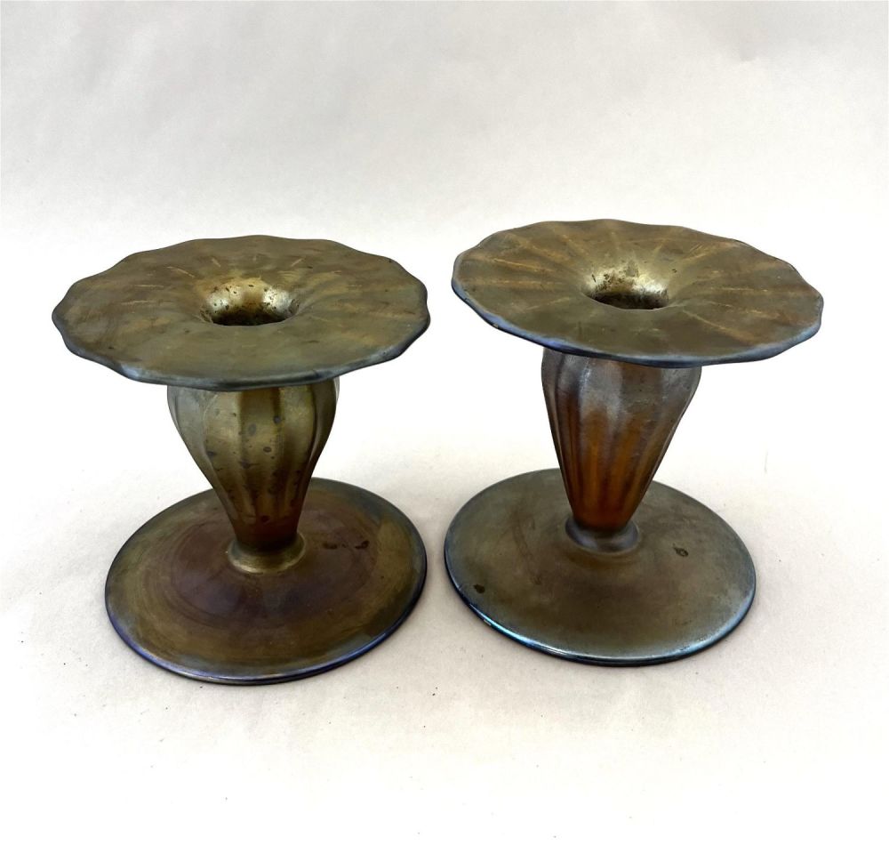 Lot 366: Pair of Nash Gold Favrile candlesticks