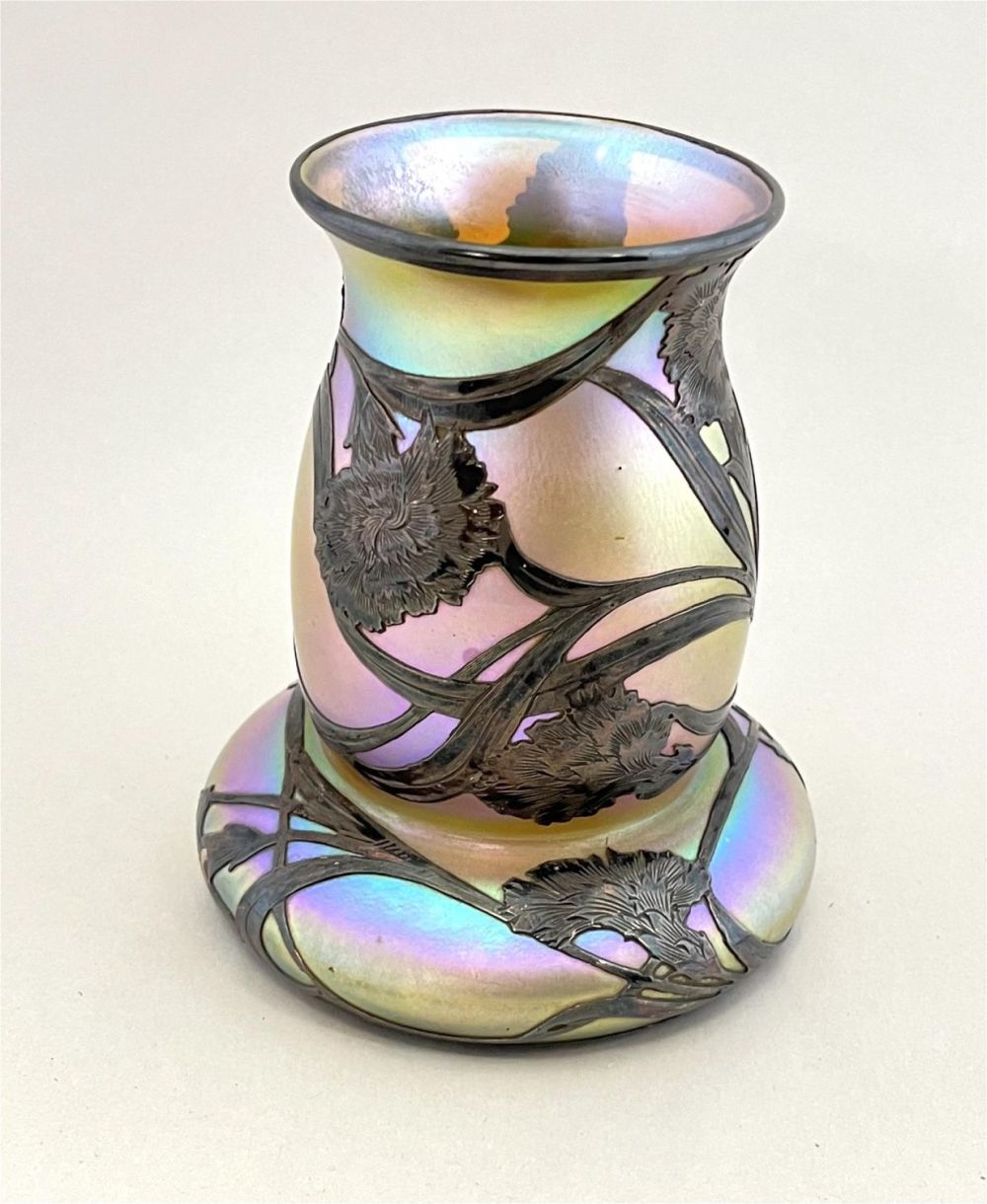 Lot 256: Quezal silver overlay vase