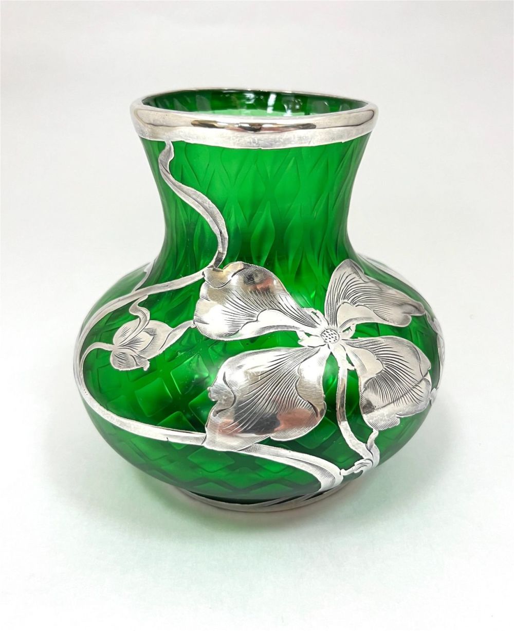Lot 367: Green silver overlay glass vase