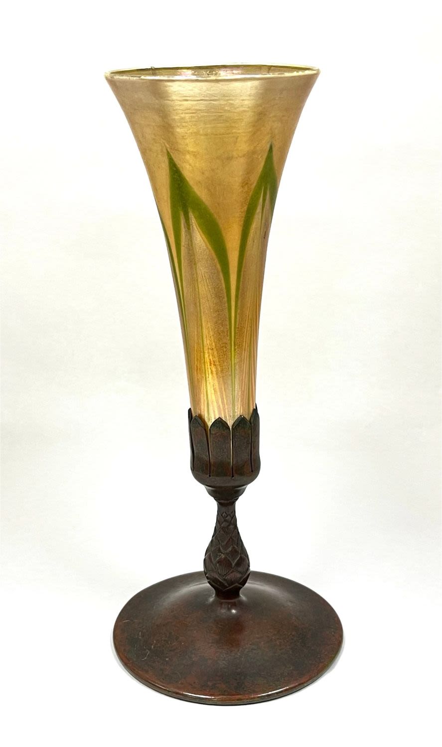 Lot 388: Tiffany glass and bronze vase