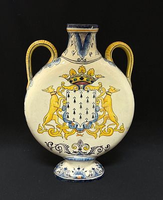 HB Quimper Round Vase. HB French faience 2 handle round vase, Desvres decor, crest of Brittany; 