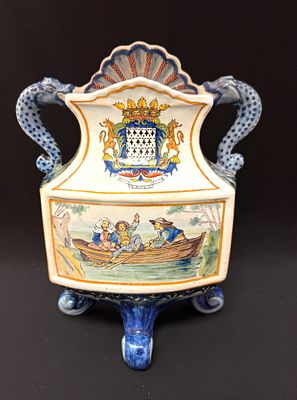 Porquier Beau Jardiniere. Porquier Beau French faience jardiniere with family in row boat 