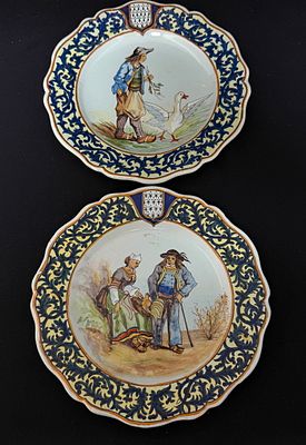 2 Porquier Beau Plates. 2 Porquier Beau French faience plates with D?cor Riche border for Pont 