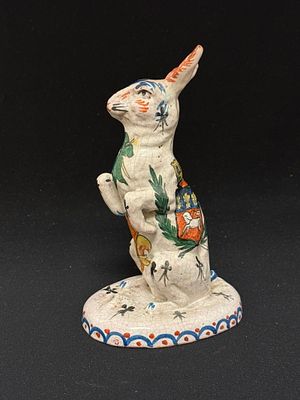 CA (Aleide Chaumeil) Rabbit. CA (Aleide Chaumeil) French faience rabbit with blason of Rouen; 
