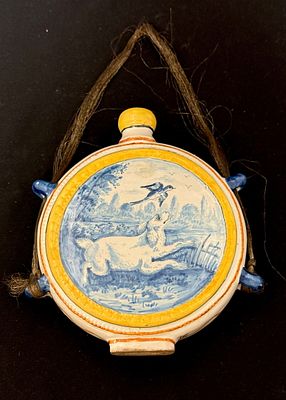 HB Gourde Flask. HB French faience gourde flask with hunt themed d?cor; length 6 1/2". c. 