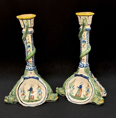 Pair of HR Quimper Candlesticks. Pair of HR Quimper French faience candlesticks with dolpin and 