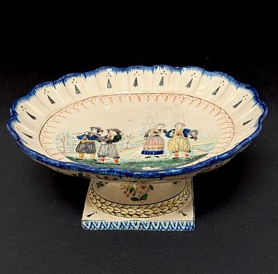 HB Footed Compote. HB French faience footed oval compote with wedding scene; length 8 3/4" ht 