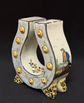 HB Quimper Horseshoe Vase. HB French faience horseshoe vase with Breton couple; ht 5 1/2". c. 