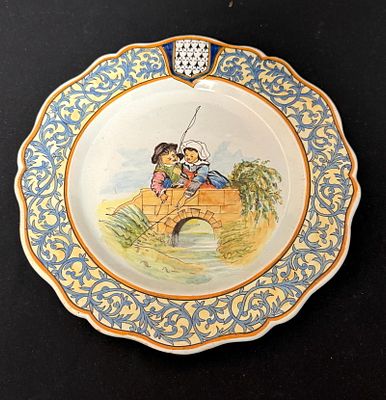 Porquier Beau Plate. Porquier Beau French faience plate with Breton children fishing from bridge 