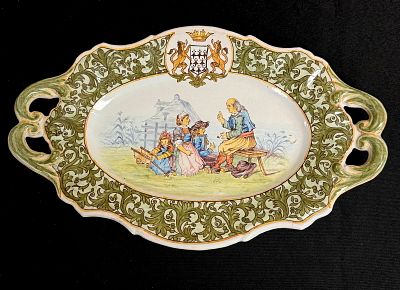 Porquier Beau Oval Platter. Porquier Beau French faience oval platter with handles and scene of 