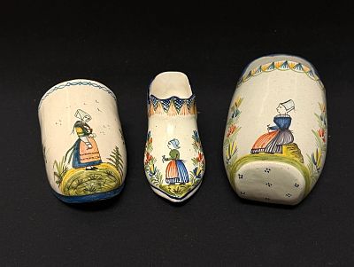 3 HB and HB Quimper Shoes. 3 HB and HB Quimper shoes with Bretonnes; largest length 8". c. late 