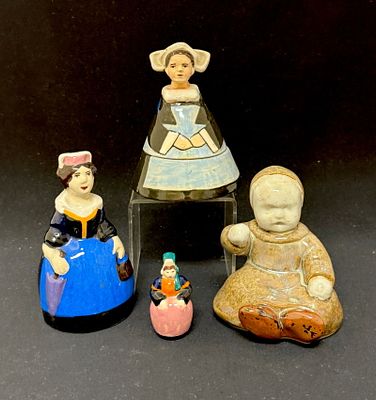 4 French Faience Figurines. 4 Quimper French faience figurines including a miniature "Jolly 