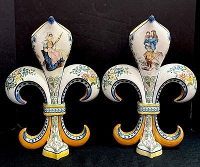 Pair HB Fleur de Lis Form Vases. Pair of large HB French faience fleur de Lis form vases with 
