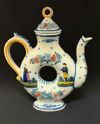 HR Quimper Donut Teapot. HR Quimper French faience donut teapot with Breton and Bretonne; ht 11 
